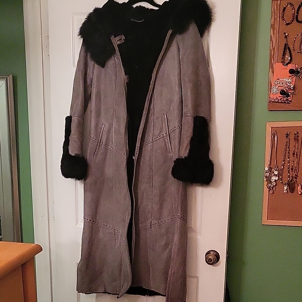 Long Gray Leather Coat with Black Fur Trim